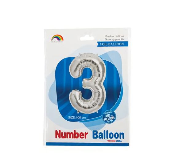 Bulk Pack x 5 Foil Silver Helium Balloons - Number 3 (106cm)