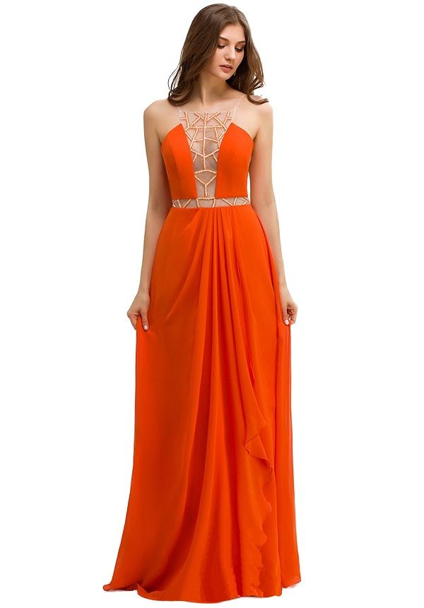 Illusion Low VNeck Bodice ALine Evening Dress Burnt Orange (Size S