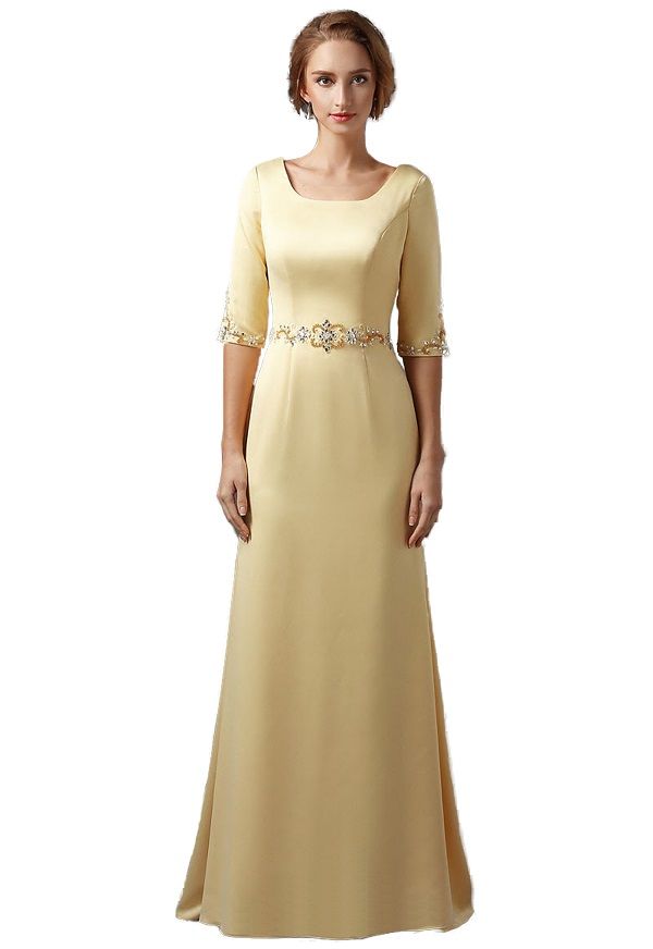 Modest 3/4 Sleeve Beaded Satin Evening Dress - Lemon Champagne (Size: S) | Buy Online in South 