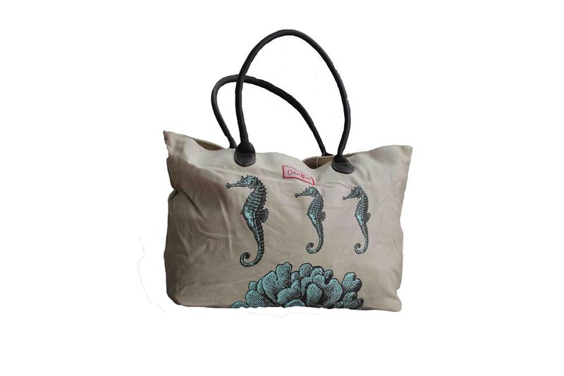 Beige Beach Bag with Sea Horse Print