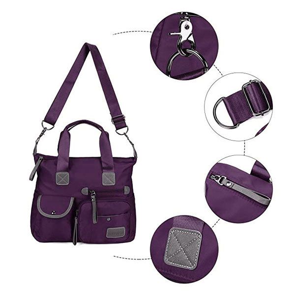 Multi Pocket Nylon Handbag & Crossbody Bag - Purple (Large