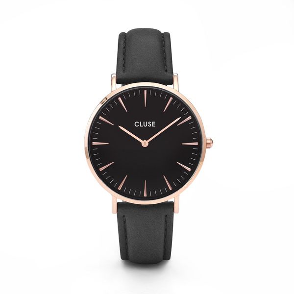 Cluse Ladies Black Dial &amp; Black Leather Strap La Bohemme Watch - 38mm