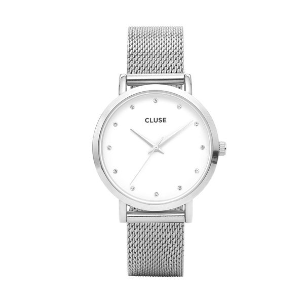 Cluse Ladies White Dial With Stones &amp; Silver Mesh Strap Pavane Watch - 38mm