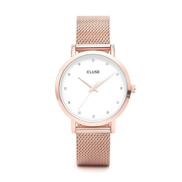 Cluse Ladies White Dial With Stones &amp; Rose Gold Mesh Strap Watch - 38mm