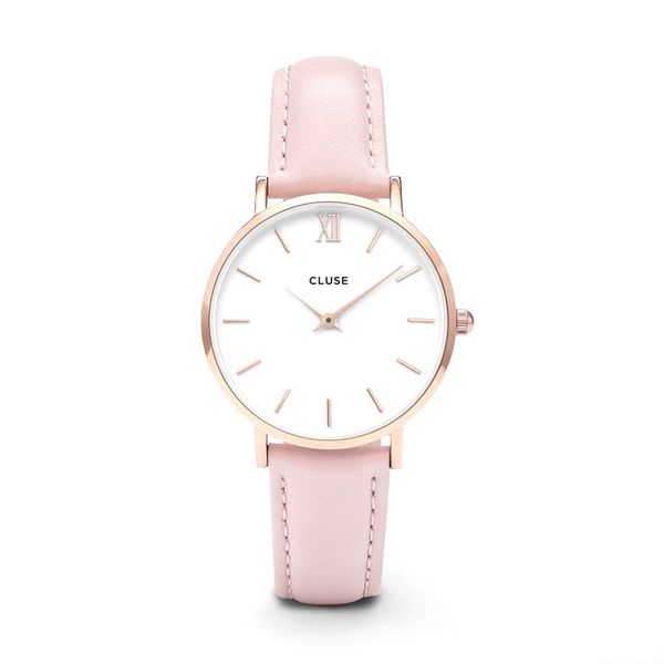 Cluse Ladies White Dial &amp; Pink Leather Strap 33mm Minuit Watch - Rose Gold