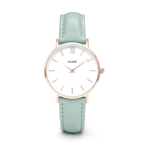 Cluse Ladies White Dial &amp; Mint Leather Strap 33mm Minuit Watch - Rose Gold