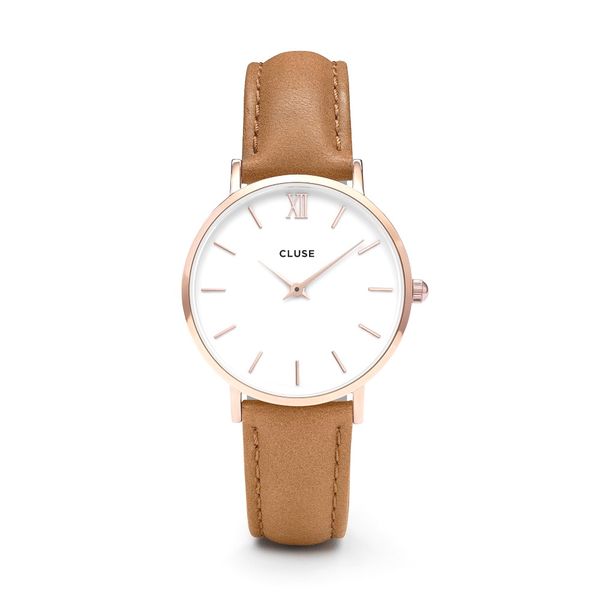 Cluse Ladies White Dial &amp; Caramel Leather Strap 33mm Minuit Watch