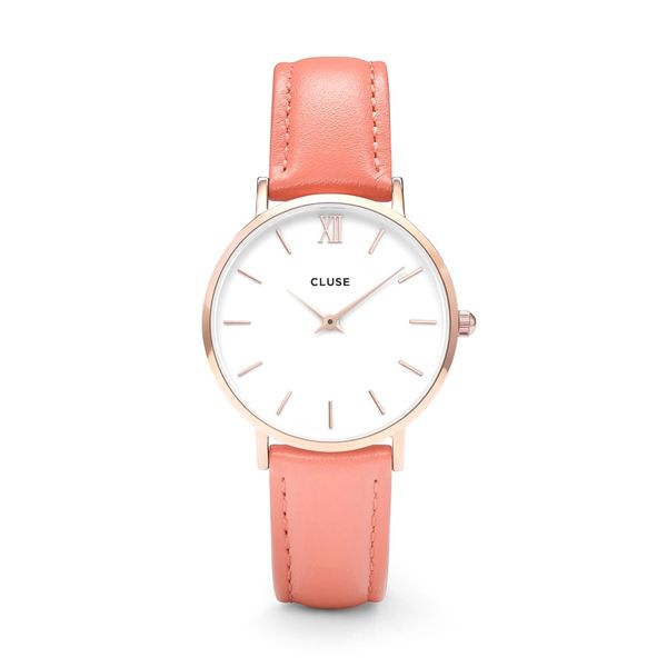 Cluse Ladies White Dial &amp; Flamingo Leather Strap 33mm Minuit Watch