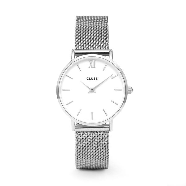 Cluse Ladies White Dial &amp; Silver Mesh Strap 33mm Minuit Watch - Silver