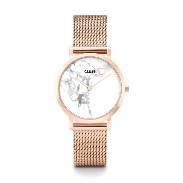 Cluse Ladies White Marble Dial &amp; Rose Gold Mesh Strap La Roche Petite Watch