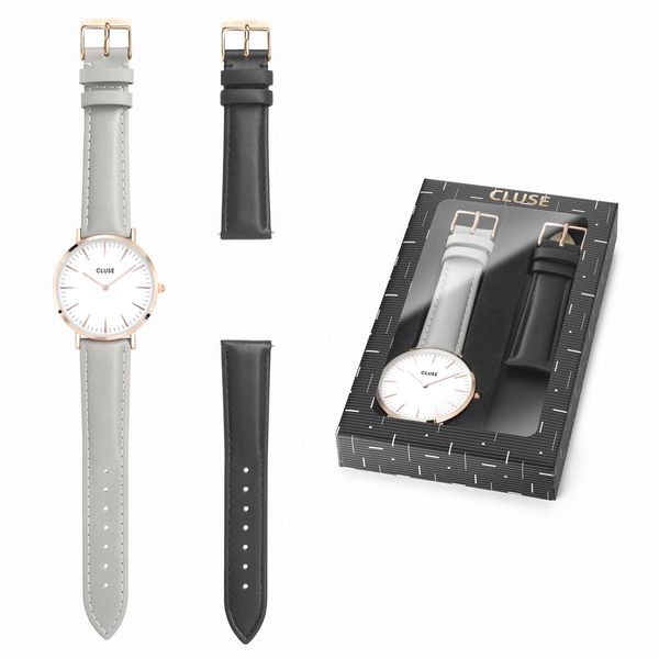 Cluse Ladies White Dial With Grey &amp; Black Leather Strap La Bohemme Watch