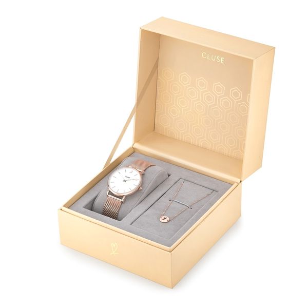 Cluse Ladies White Dial &amp; Rose Gold Mesh Strap Watch With Bracelet