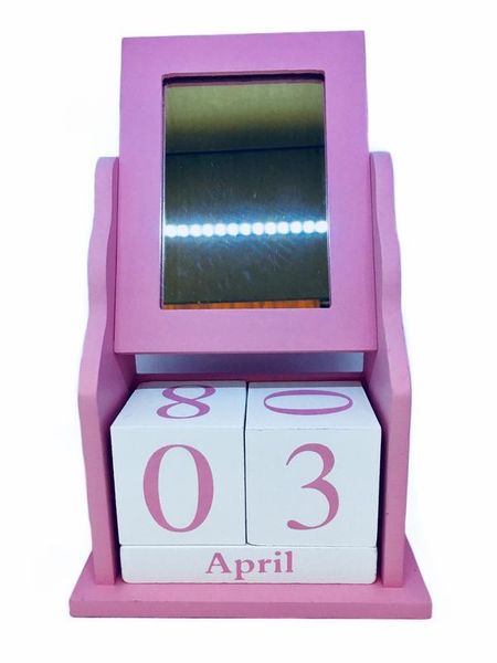 Wooden Block Perpetual Home Office Desk Calendar &amp; Mirror Photo Frame -Pink