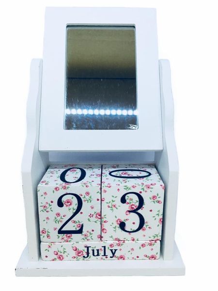 Wooden Block Perpetual Office Desk Calendar &amp; Mirror Photo Frame - White
