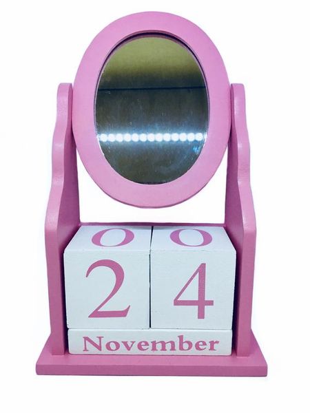 Wooden Block Home Office Desk Calendar &amp; Circular Mirror Photo Frame - Pink