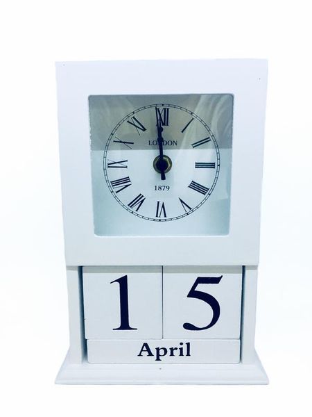 Wooden Block Home Office Desk Calendar with Glass Window Clock - White