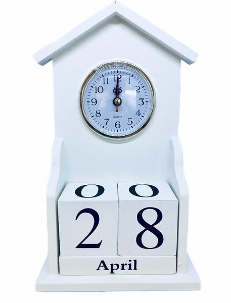 Wooden Block Perpetual Home Office Desk Calendar with Clock House - White