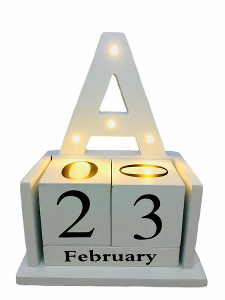 Wooden Block Home Office Desk Calendar with LED Lights - A Letter