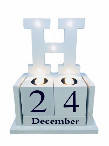 Wooden Block Home Office Desk Calendar with LED Lights - A Letter