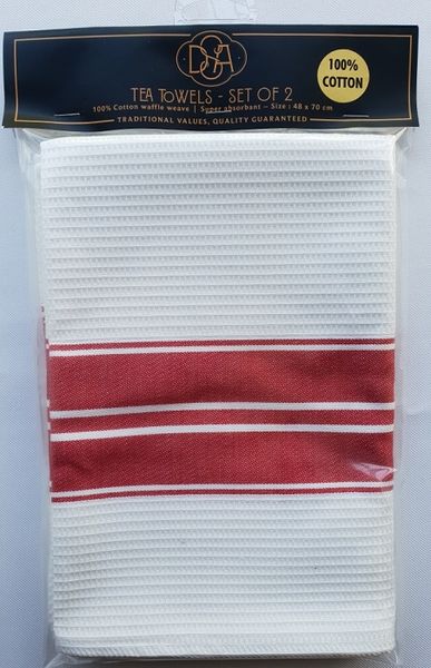 DSA - Waffle Weave Tea Towels White And Red - Set Of 2