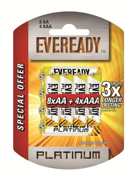 Eveready Platinum Alkaline 8 x AA &amp; 4 x AAA Batteries (Pack of 12)