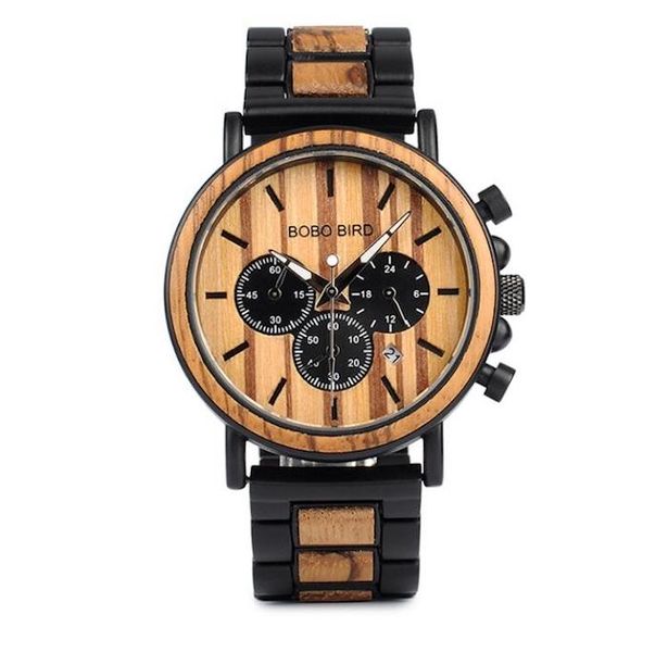 Bobo Bird Two-Tone Wooden &amp; Stainless Steel Chronograph Watch