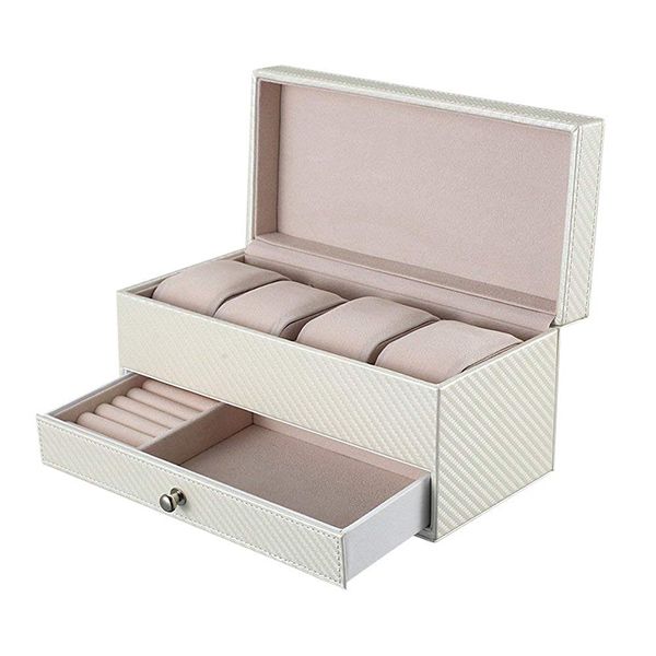 4 Slot Leather Watch Storage Box with Drawer - White