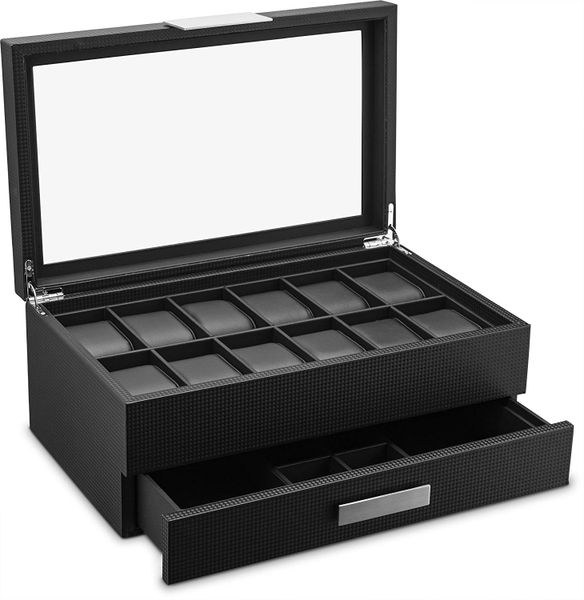 Triton Luxury Carbon Fibre Watch Box 12 Slot with Drawer