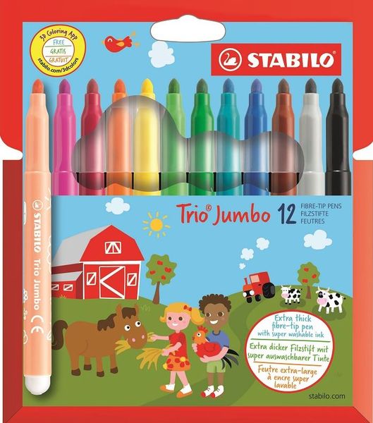 Stabilo Trio Jumbo Extra-Thick Fibre-Tip Pen - Assorted Box of 12