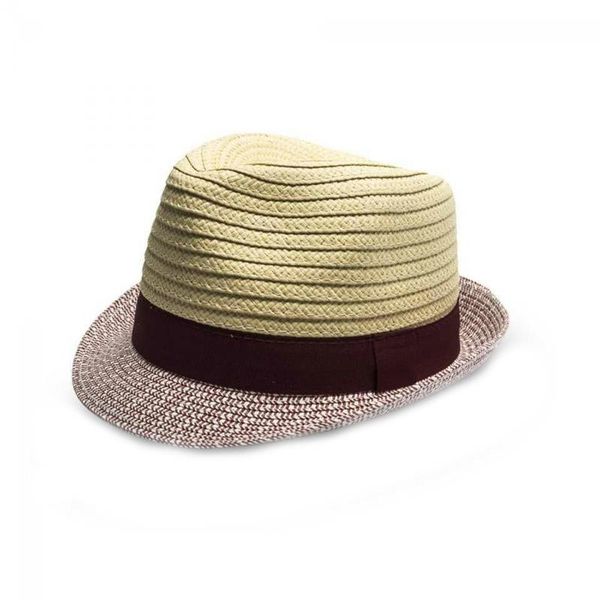 Two - Tone Straw Ladies Fedora Cap Hat Peak - Burgundy
