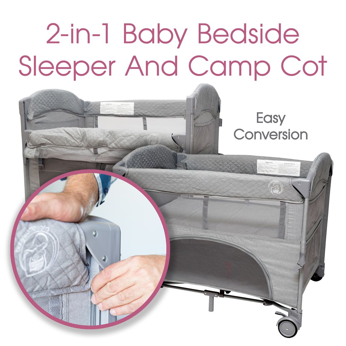 BabyWombWorld Premium 2 in 1 Camp Cot Co Sleeper Grey Shop