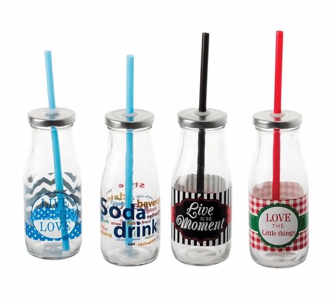 Bulk Pack x 8 Drinking-Bottle Glass With Straw 300ml .