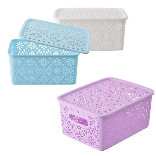 Bulk Pack x 6 Basket Plastic Lace 24x18x10cm Rectangular With Lid .