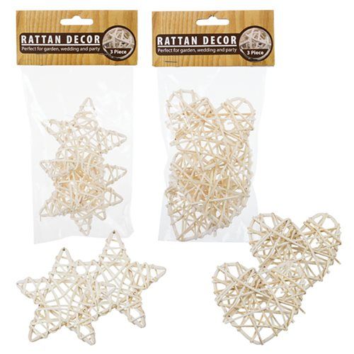 Bulk Pack x 4 Ornament Decor Rattan Stars/Hearts 3Piece.