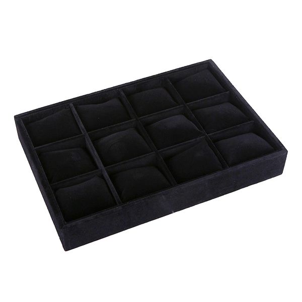 Velvet 12 Grids Jewelry Watch Display Storage Tray - Black