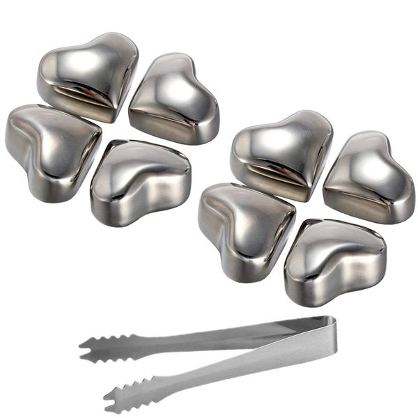 Heart Shape Stainless Steel Ice Cubes with Tongs - Pack of 8