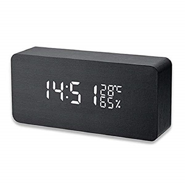 Wooden LED Digital Alarm Clock Time Temperature and Humidity-Black