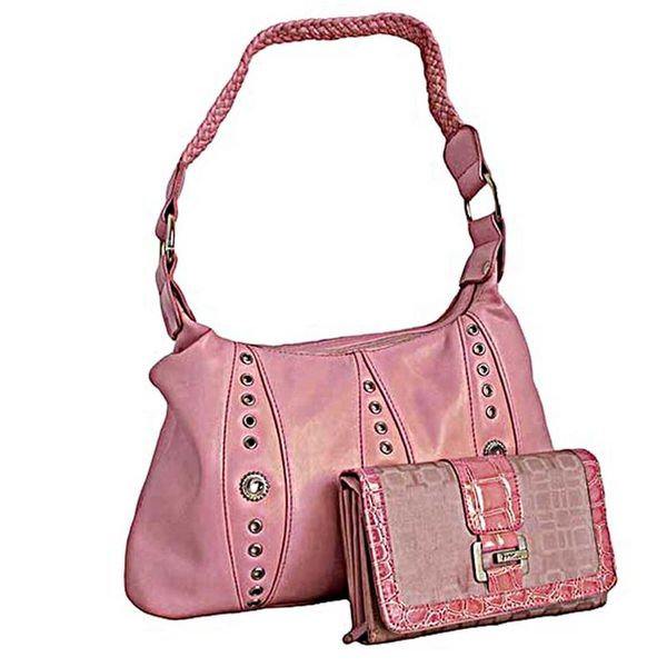 Faux SK-5543+A030-093 Leather Shoulder Bag &amp; Purse Set - Pink