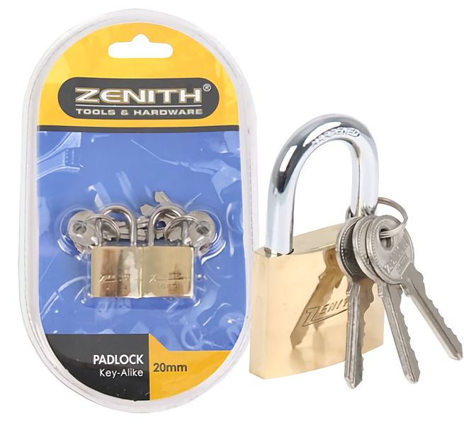Bulk Pack x 6 Padlock Zenith Brass 20mm Key-Alike 2 Per Card