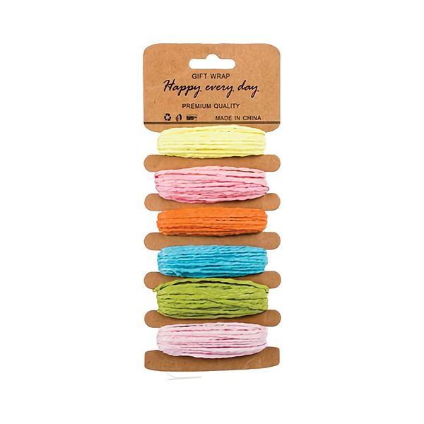 Bulk Pack x 6 Paper Raffia Twine 6 Colours Carded 5mmx5m
