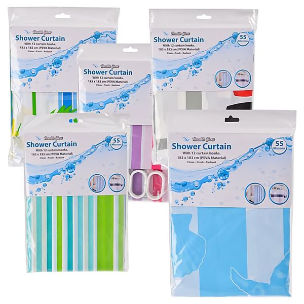 Bulk Pack x 5 Shower Curtain Plastic With 12 Hooks 183x183cm