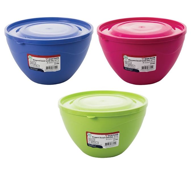 Bulk Pack x 6 Salad Bowl Plastic With lid 2.7 Litre Elegant