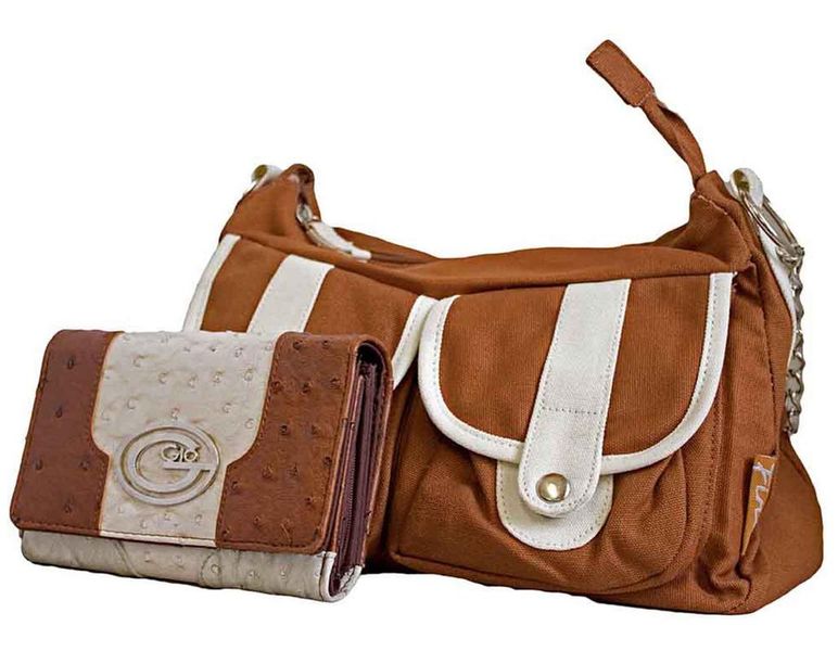 Fino Canvas Shoulder Bag with Faux Leather Purse Set -Brown