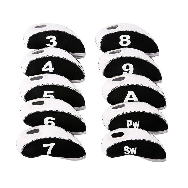 10 Piece Top Window Golf Iron Club Head Covers - White &amp; Black