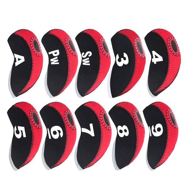 10 Piece Top Window Golf Iron Club Head Covers - Red &amp; Black
