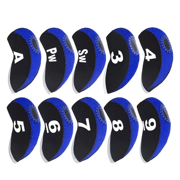 10 Piece Top Window Golf Iron Club Head Covers - Blue &amp; Black