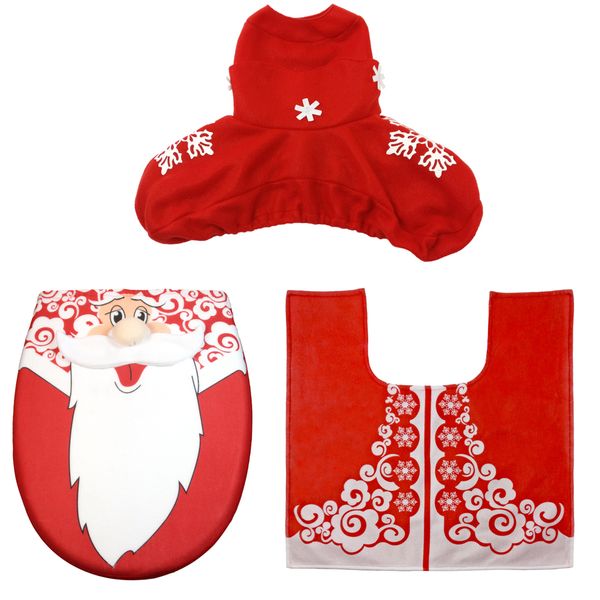 Red Santa Toilet Seat Cover &amp; Rug Set for Bathroom - 3 Piece