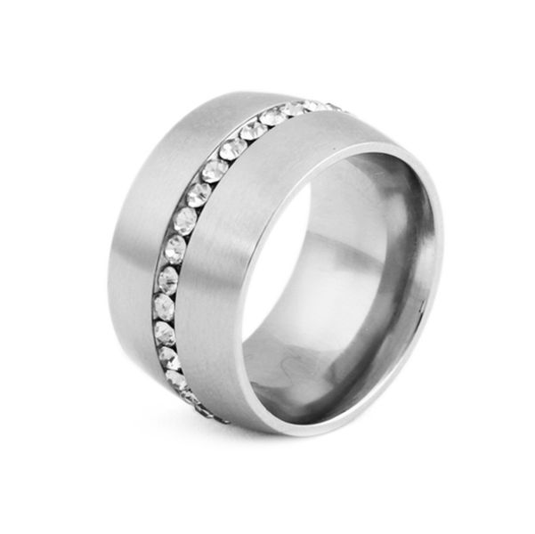 Broad Stainless Steel Ring with Embellieshed Crystals