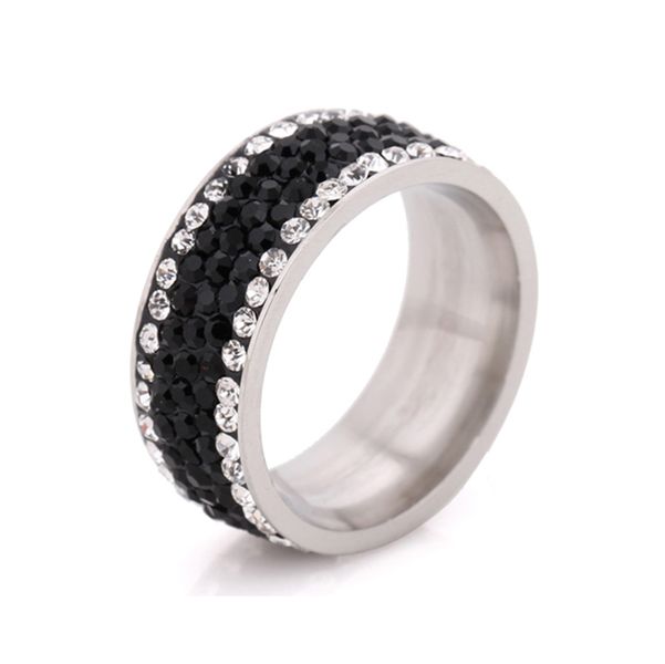 Black &amp; White Rim Stainless Steel Ring with Embellieshed Crystals
