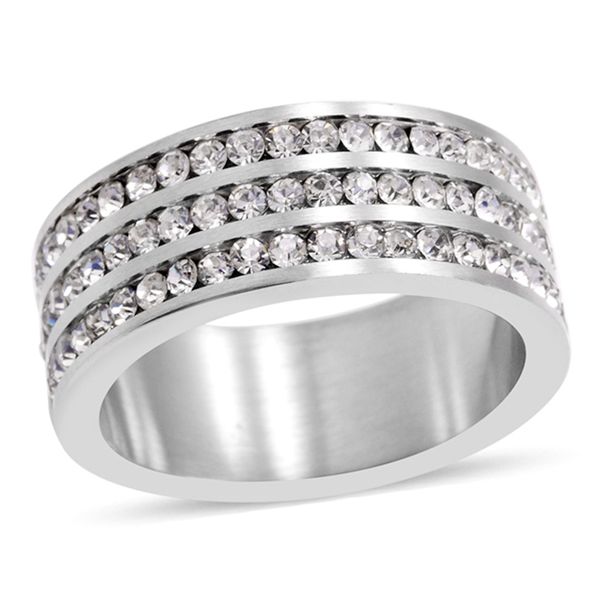 Broad 3 Row Stainless Steel Ring with Embellieshed Crystals
